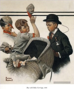 Norman Rockwell Painting - boy with baby carriage 1916 Norman Rockwell